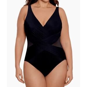 Miraclesuit Swimsuit Sz 16 Black One Piece Tummy Control‎ Crossover Soft Cup NEW